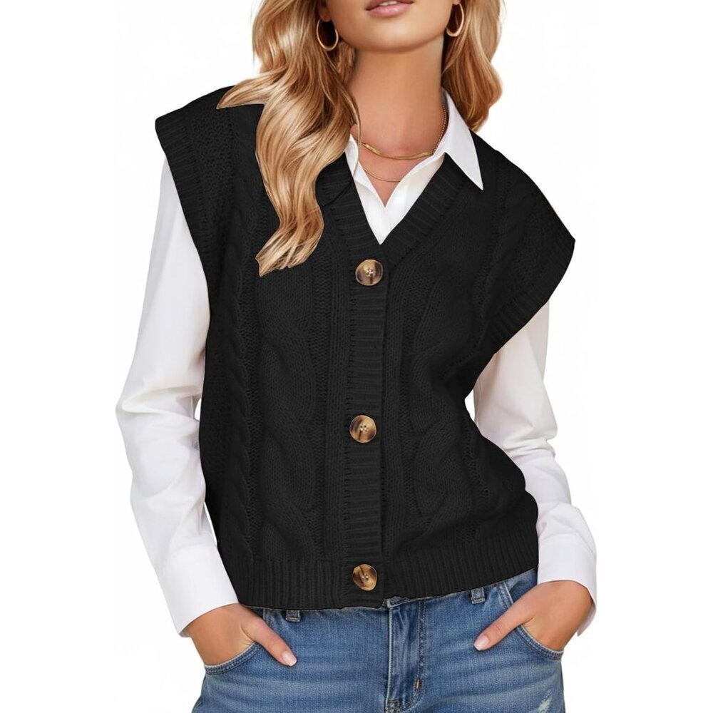 Women's Sleeveless Cable Knit Sweater Vest V-Neck Button Down Chunky Knit